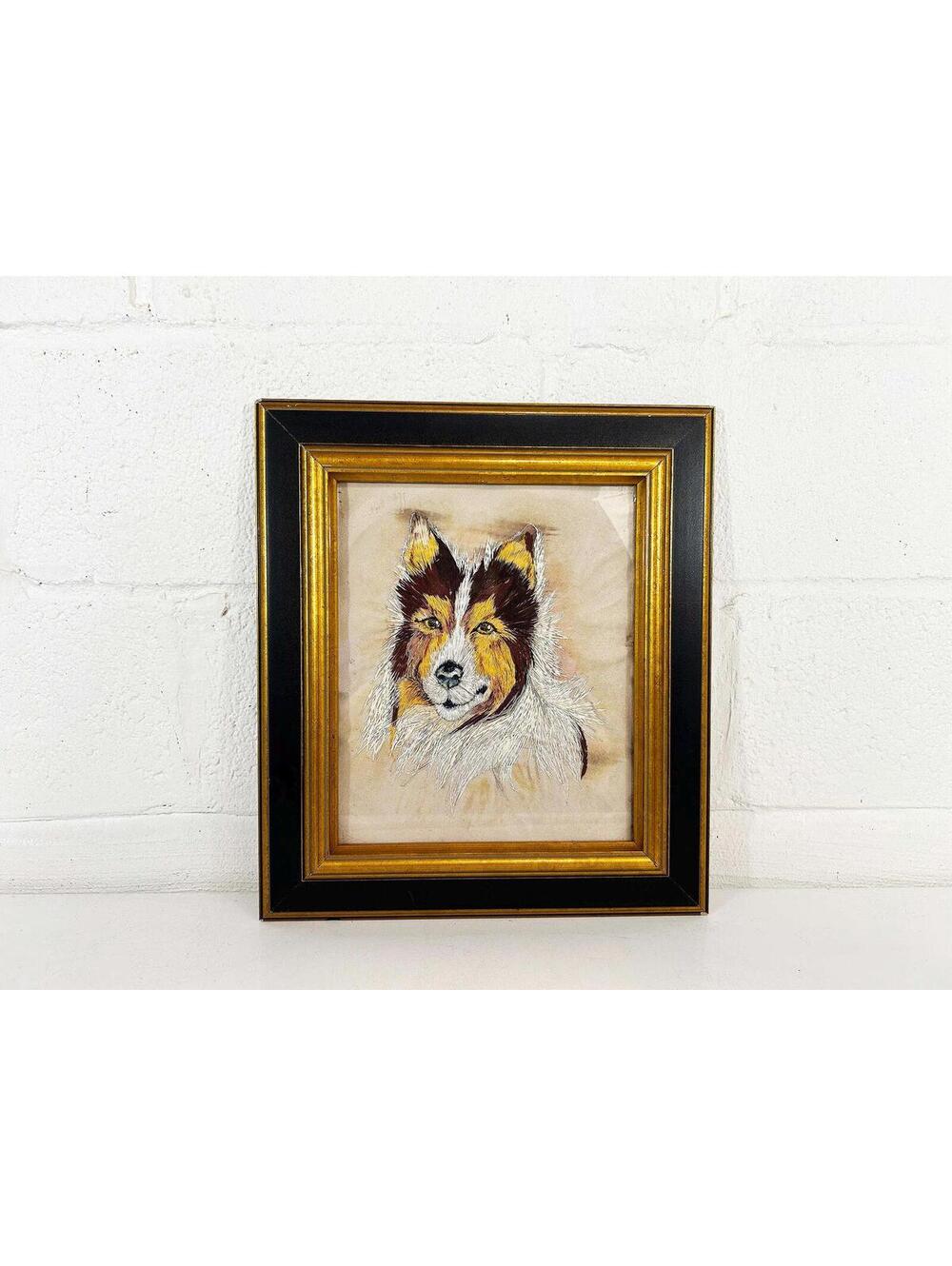 Vintage Dog Original 3D Art Amateur Artist Embroidered Shetland Sheepdog Collie